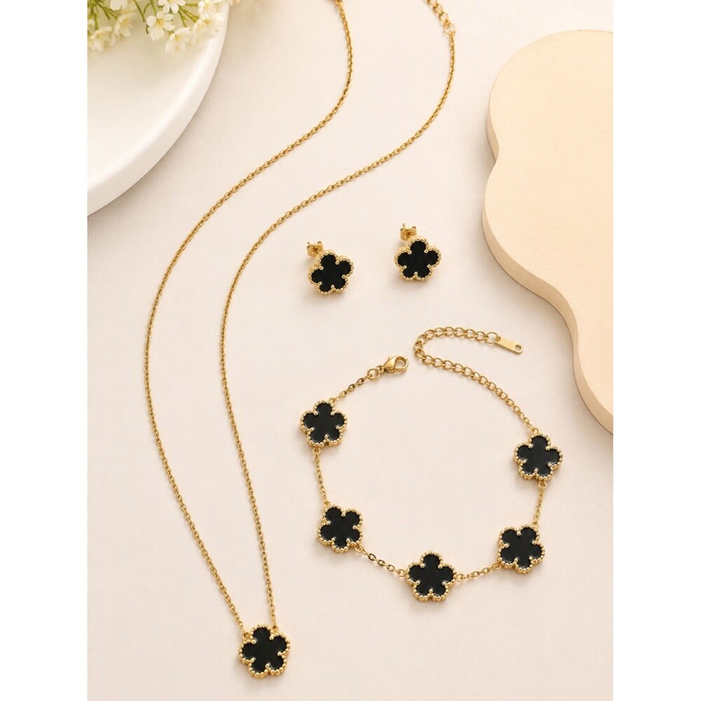 18K Gold Clover Jewelry Set Necklace Bracelet Earrings Alhambra V Cleef Style